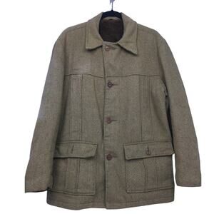 VTG 60s Style Barn Chore Coat Wool Herrigbone Tweed Quilted Flap Pockets Size 42